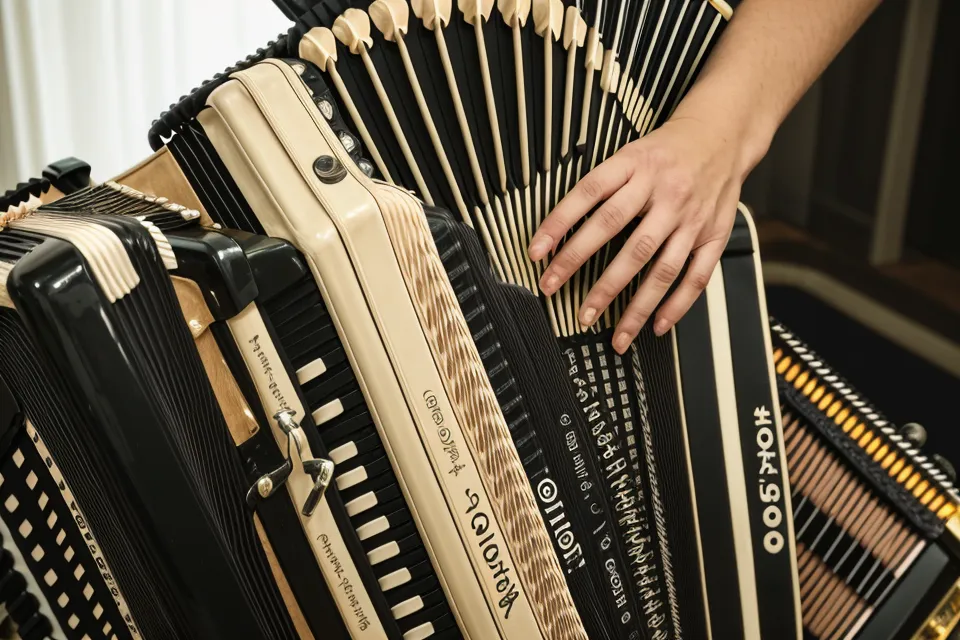 Daumenuntersatz als Teil der Fingersatz-Technik auf den Tasten eines Hohner Akkordeons