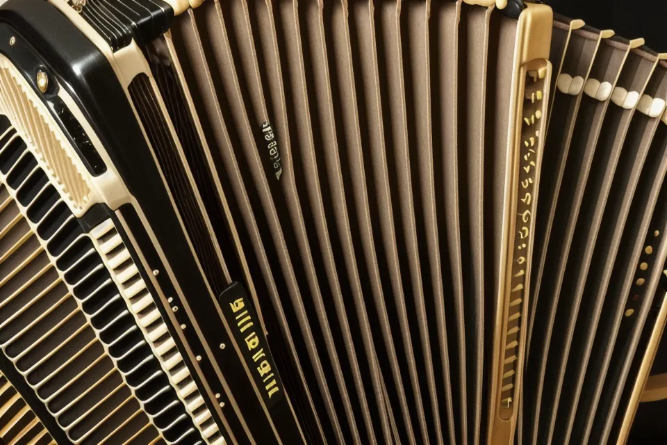 Nahaufnahme der 72 Bass-Knöpfe eines Hohner Concerto II Akkordeons.