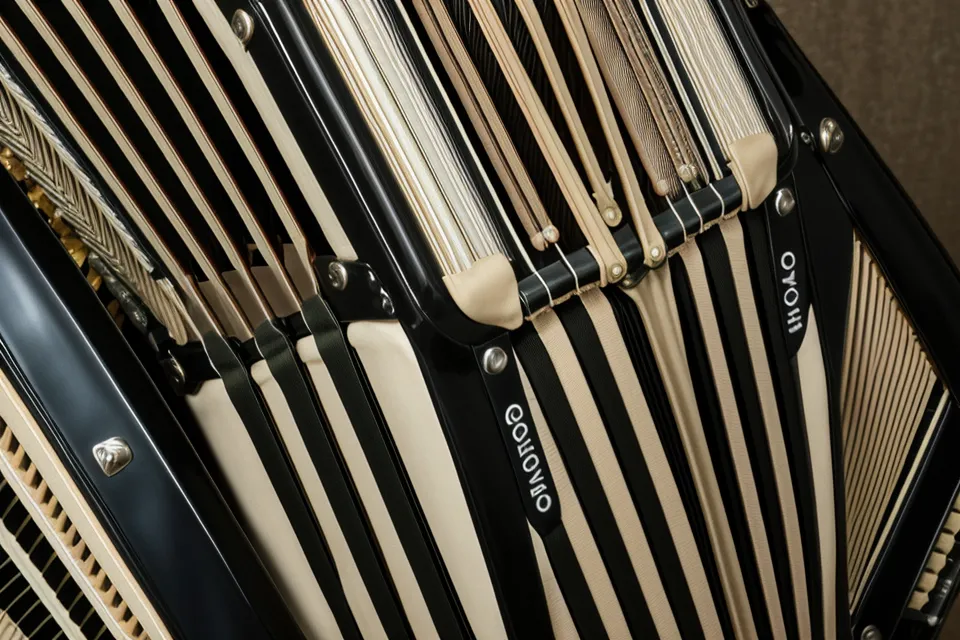 Detailaufnahme der 72 Bässe eines Hohner Akkordeons mit Fokus auf das Stradella-System