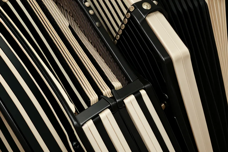 Detailaufnahme der 72 Bassknöpfe eines Hohner Concerto II Akkordeons