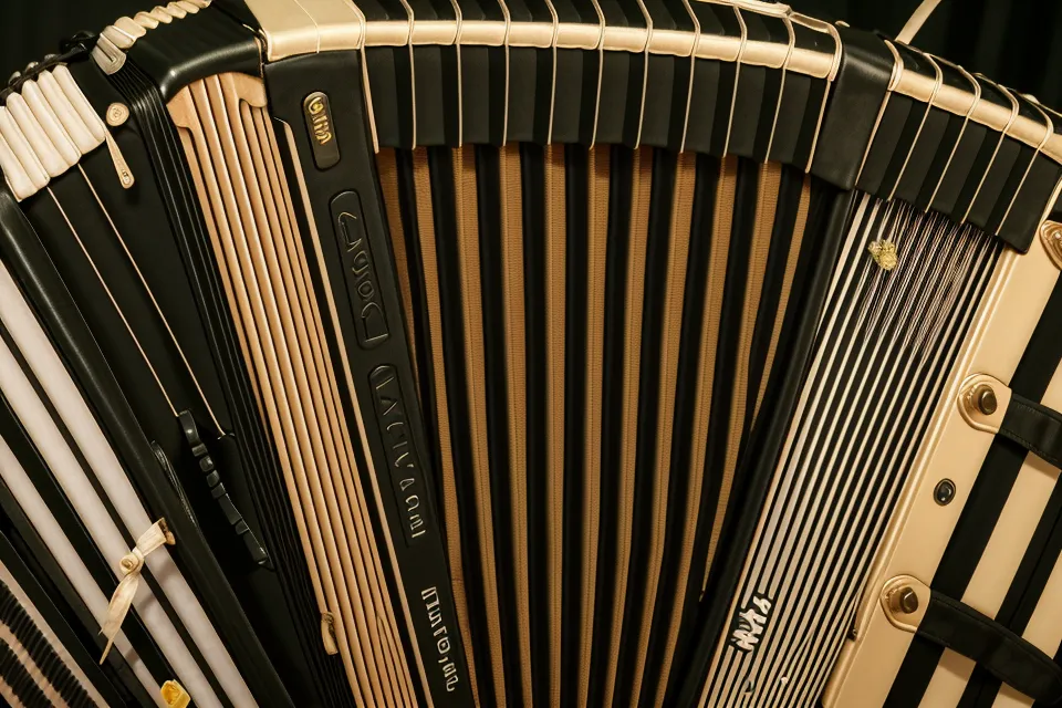 Nahaufnahme des Balgs eines Hohner Akkordeons von 1964 mit Fokus auf Materialtextur.