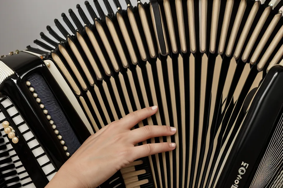 Handhaltung auf der Bass-Seite eines Akkordeons mit Fokus auf die Stradella-Knöpfe.