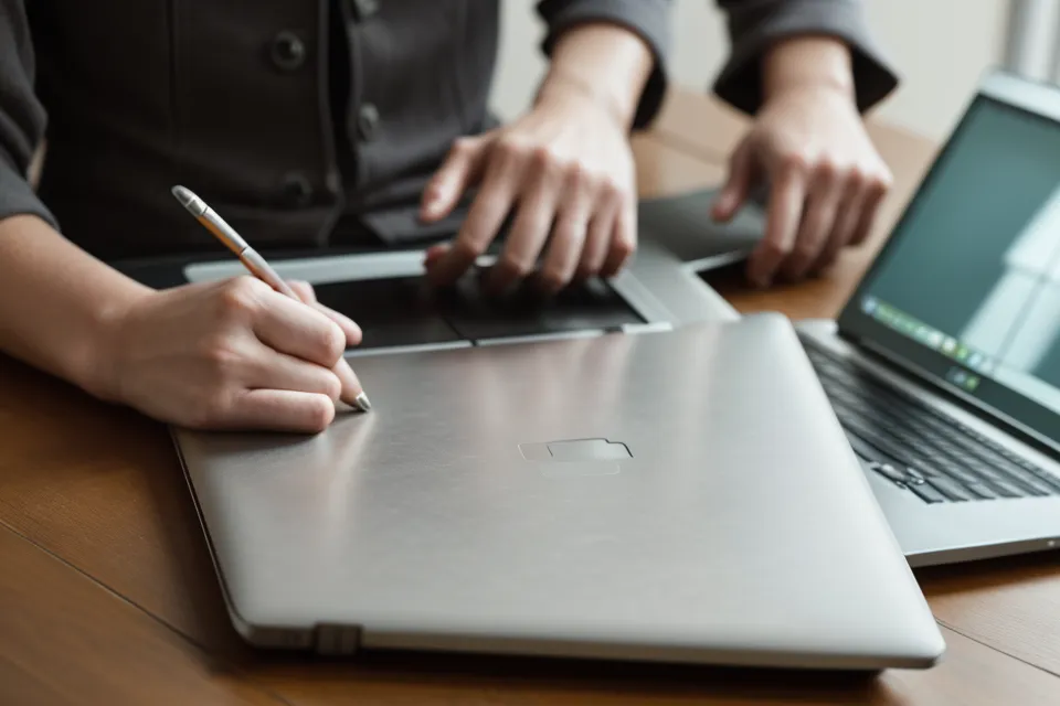 Nahaufnahme eines Laptops mit einer Vergleichstabelle neben einem alten Hohner Akkordeon
