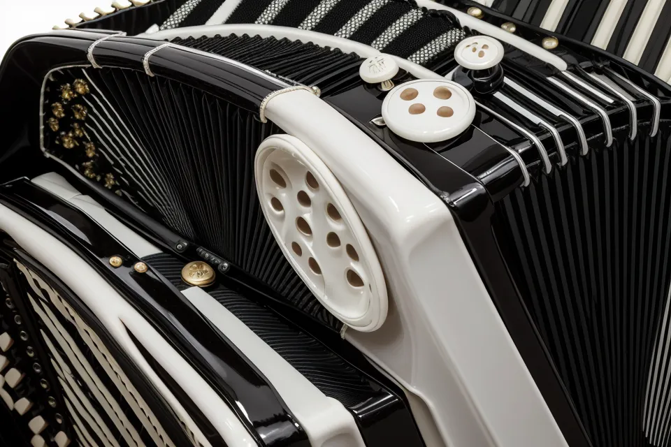Nahaufnahme der 72 Bassknöpfe eines Hohner Concerto II Akkordeons.