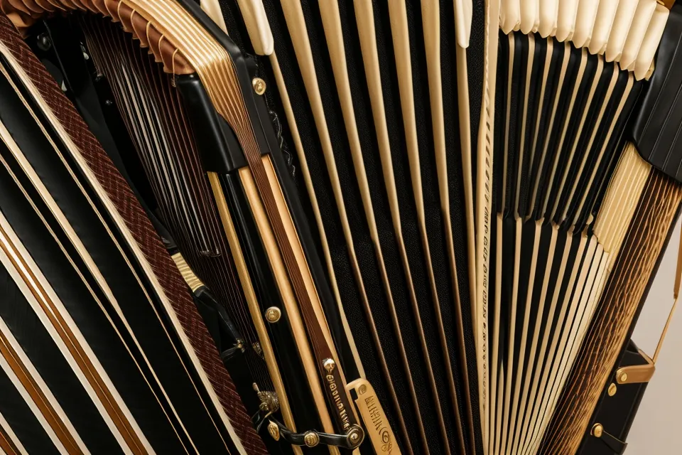 Detailaufnahme des Balgs einer Hohner Concerto II beim Aufziehen während einer Übungseinheit