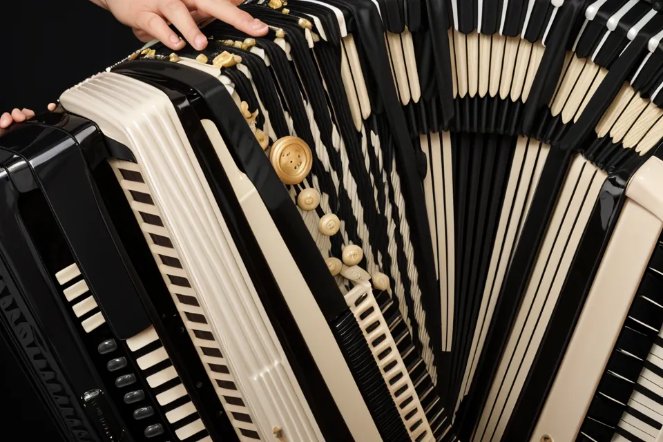 Nahaufnahme der 72 Bassknöpfe der Hohner Concerto II, Referenzinstrument für den Akkordeon-Online-Kurs-Vergleich