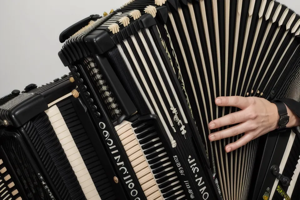 Linke Hand auf den Bassknöpfen eines Hohner Akkordeons beim isolierten Taktgefühl-Training