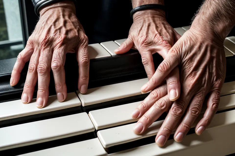 Nahaufnahme von Händen auf den Tasten eines Pianoakkordeons