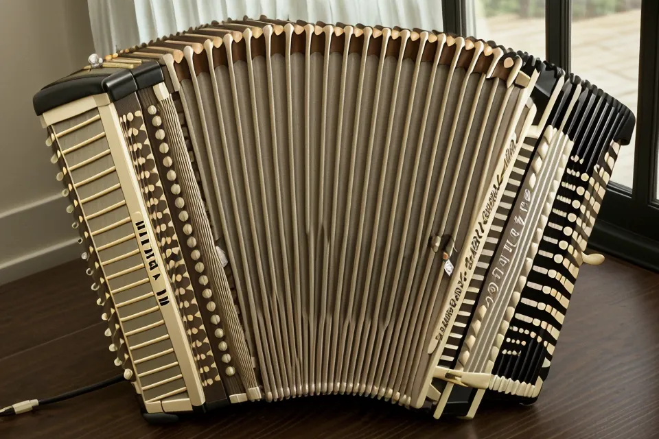 Detailaufnahme der Bassknöpfe eines Hohner Akkordeons beim Üben