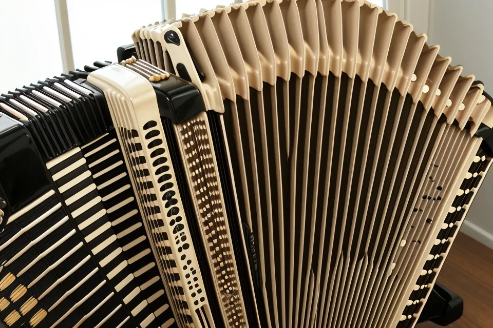 Nahaufnahme der Hände auf einer Hohner Concerto II Tastatur