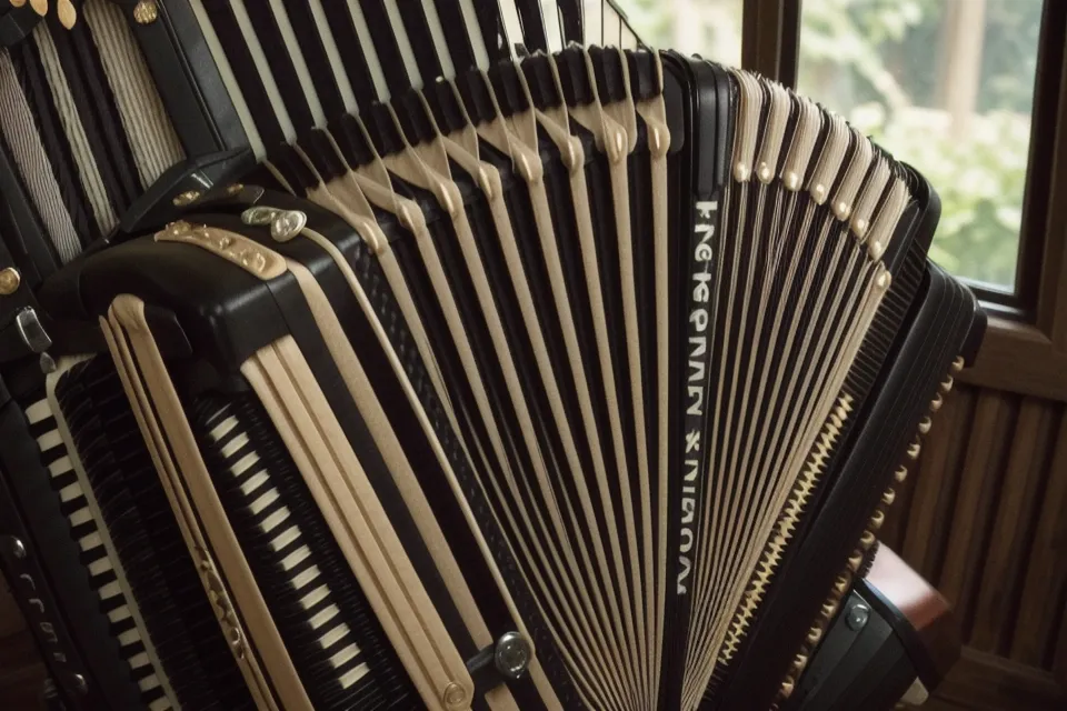 Nahaufnahme der 72 Bassknöpfe eines Hohner Concerto II Akkordeons
